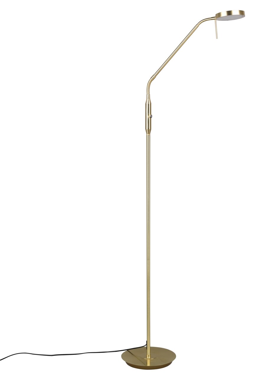 Stehleuchte in goldener Farbe mit schlankem Design und rundem Lampenschirm, seitliche Perspektive