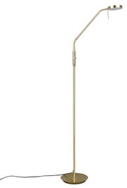 Stehleuchte in goldener Farbe mit schlankem Design und rundem Lampenschirm, seitliche Perspektive