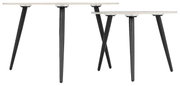 Zwei moderne Couchtische mit weißen Tischplatten und schwarzen, schrägen Beinen, seitliche Perspektive.