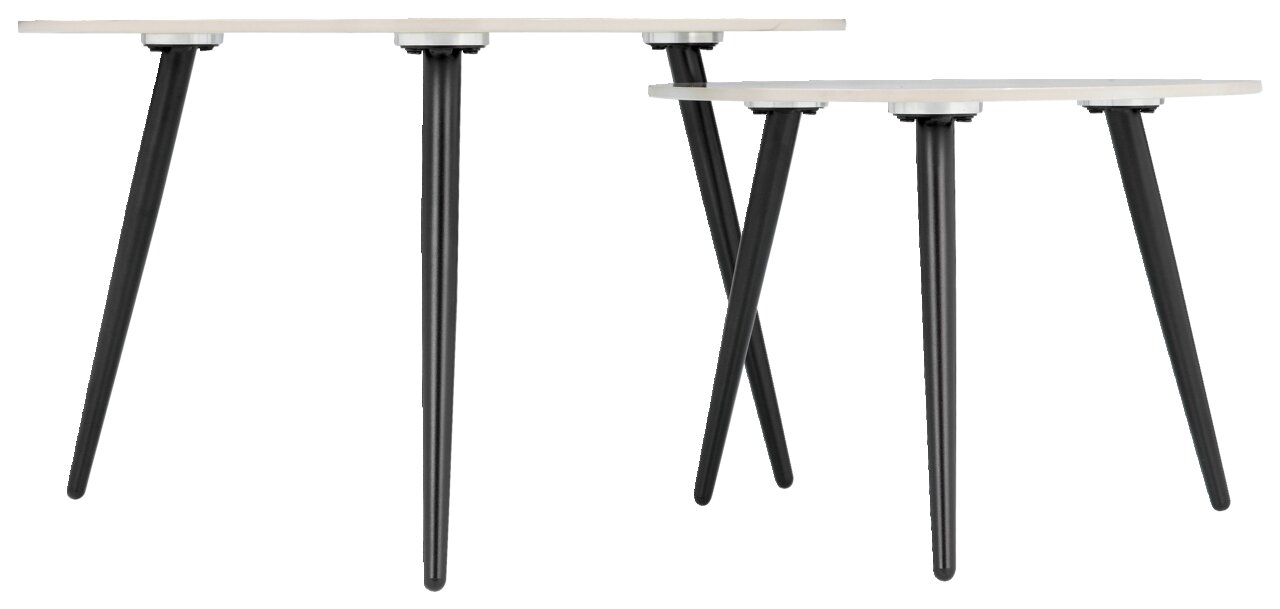 Twee moderne salontafels met witte tafelbladen en zwarte, schuine poten, gezien vanaf de zijkant.