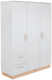 Moderner weißer Kleiderschrank mit drei Türen und zwei Schubladen, seitliche Perspektive