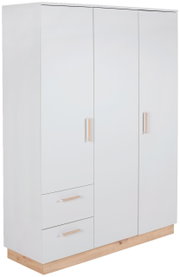 Moderner weißer Kleiderschrank mit drei Türen und zwei Schubladen, seitliche Perspektive