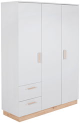 Moderner weißer Kleiderschrank mit drei Türen und zwei Schubladen, seitliche Perspektive