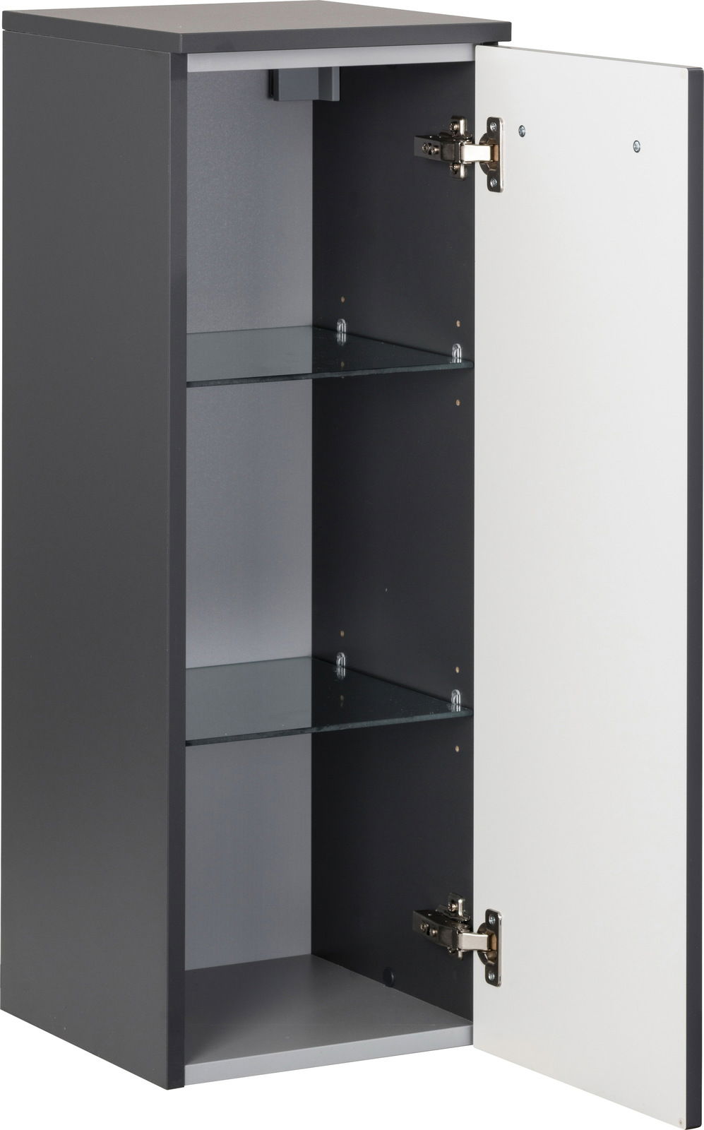 Voleo Midischrank LARA Midischrank mit geöffneter Tür, zwei Glasböden und einer modernen, zweifarbigen Gestaltung, Perspektive von vorne rechts