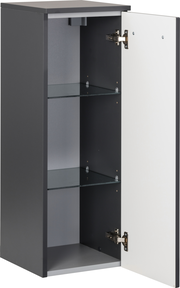 Midischrank mit geöffneter Tür, zwei Glasböden und einer modernen, zweifarbigen Gestaltung, Perspektive von vorne rechts