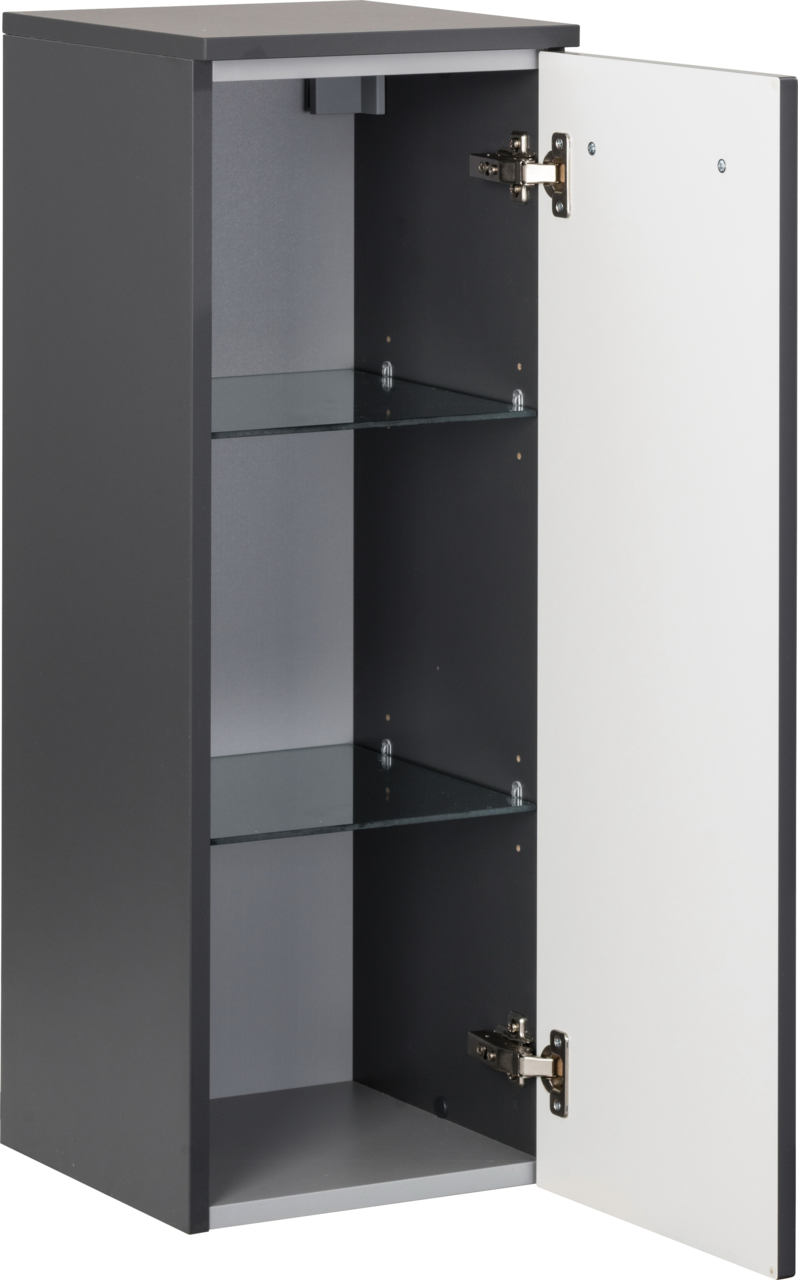 Midischrank mit geöffneter Tür, zwei Glasböden und einer modernen, zweifarbigen Gestaltung, Perspektive von vorne rechts