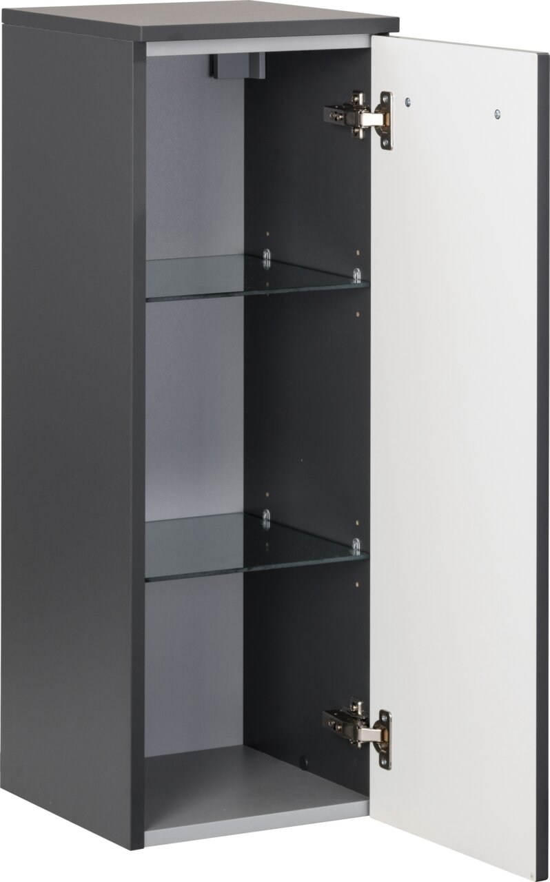 Midischrank mit geöffneter Tür, zwei Glasböden und einer modernen, zweifarbigen Gestaltung, Perspektive von vorne rechts