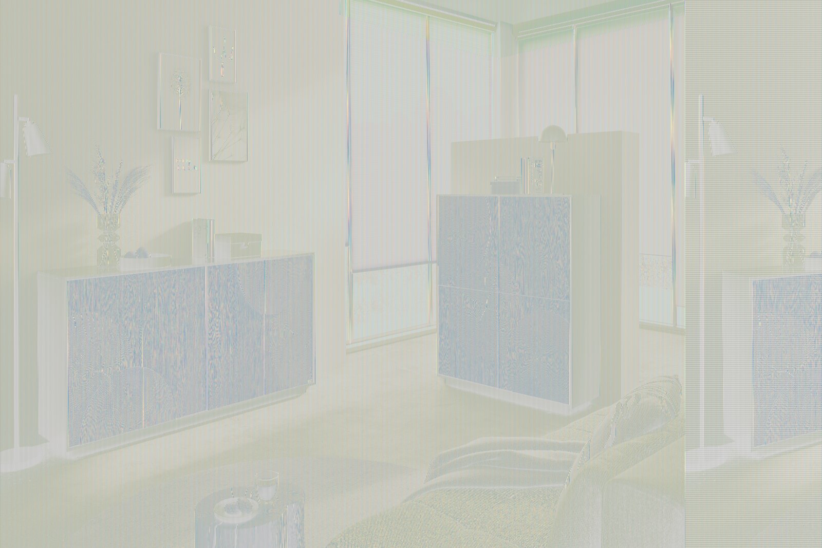 XORA Sideboard WOODY Modernes Wohnzimmer mit zwei Sideboards aus Holz und schwarzem Korpus, Fronten mit markanten Baumring-Motiven; Aufnahme aus leicht schräger Frontperspektive auf die Möbel.