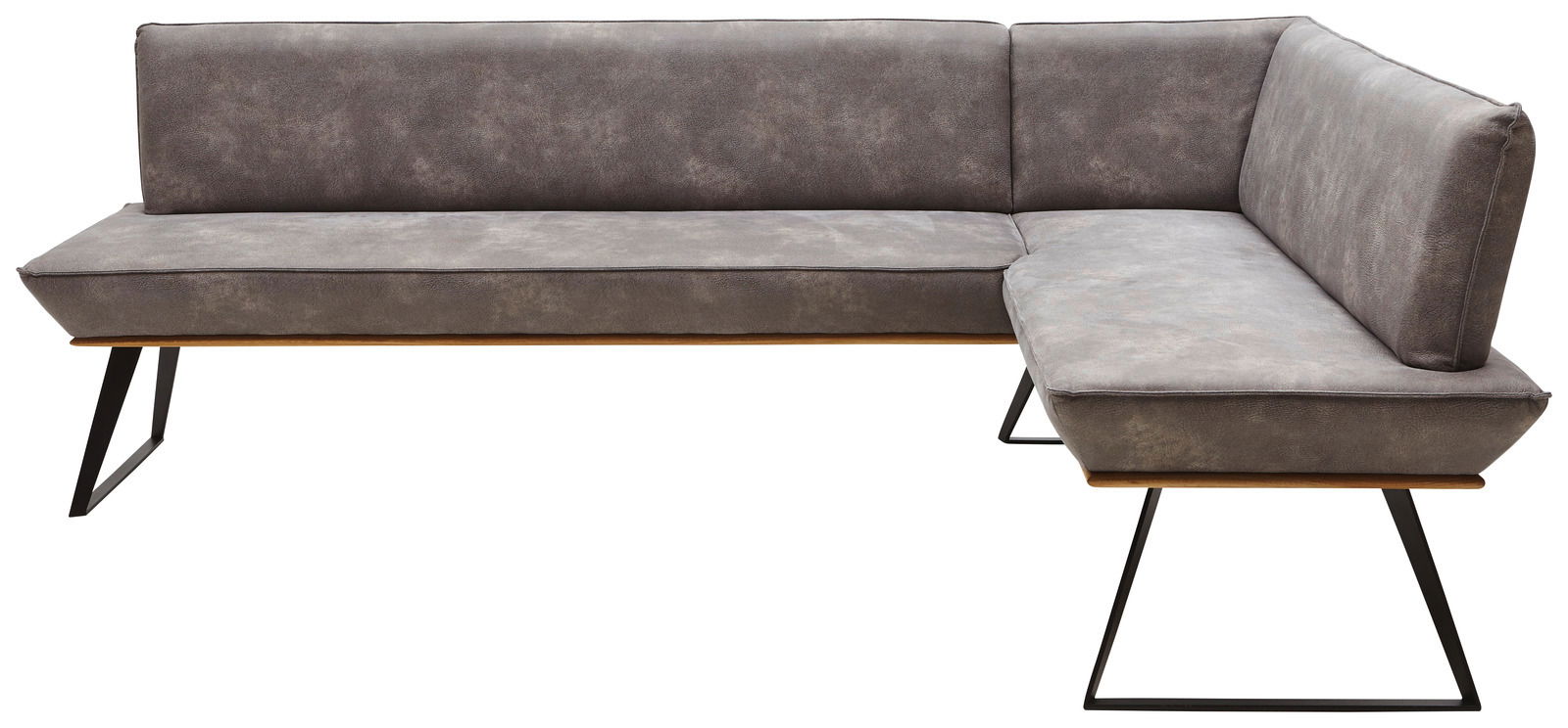 Graue Eckbank mit modernem Design, Metallbeinen und Polsterung, seitliche Perspektive