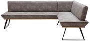 Graue Eckbank mit modernem Design, Metallbeinen und Polsterung, seitliche Perspektive