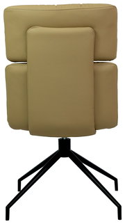 Rückansicht eines modernen Stuhls mit beigem Polster und schwarzem Metallgestell