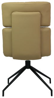 Rückansicht eines modernen Stuhls mit beigem Polster und schwarzem Metallgestell