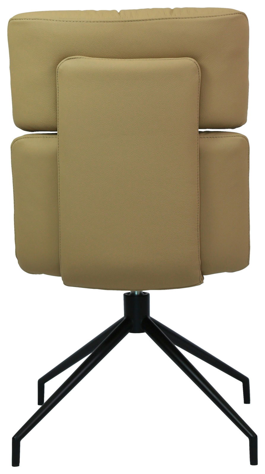 Rückansicht eines modernen Stuhls mit beigem Polster und schwarzem Metallgestell