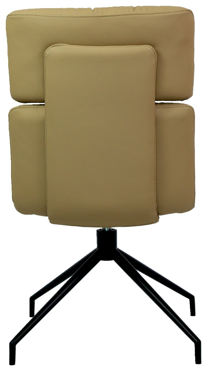 Achterkant van een moderne stoel met beige bekleding en een zwart metalen frame