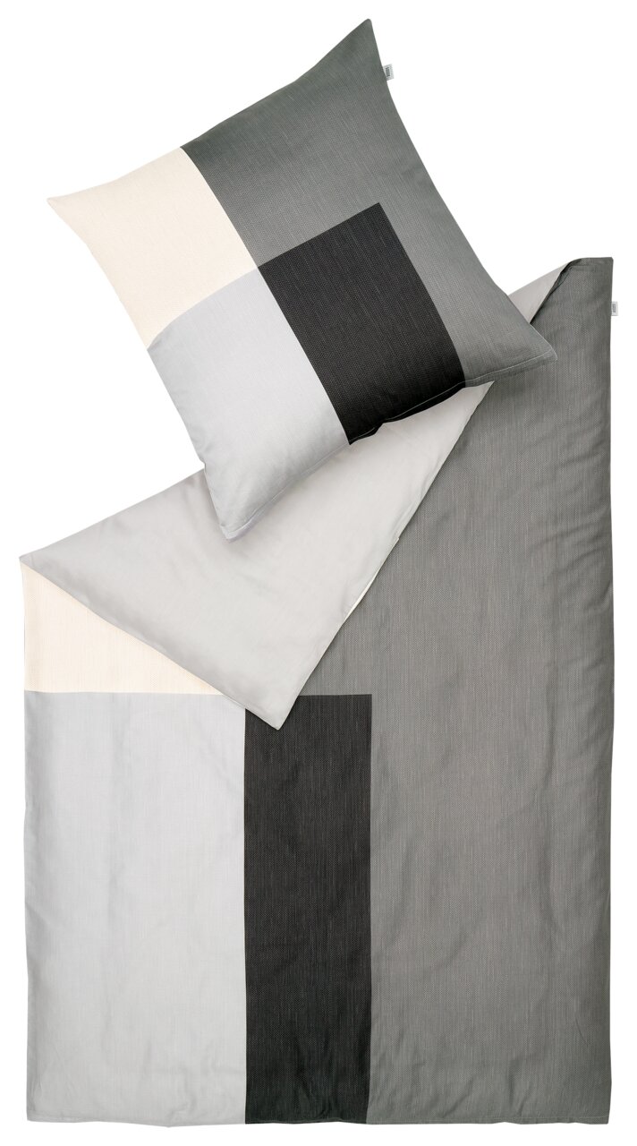 Satin-Bettwäsche-Set in Grautönen mit geometrischem Muster, bestehend aus einem Kissenbezug und einem Bettdeckenbezug, aus der Vogelperspektive.