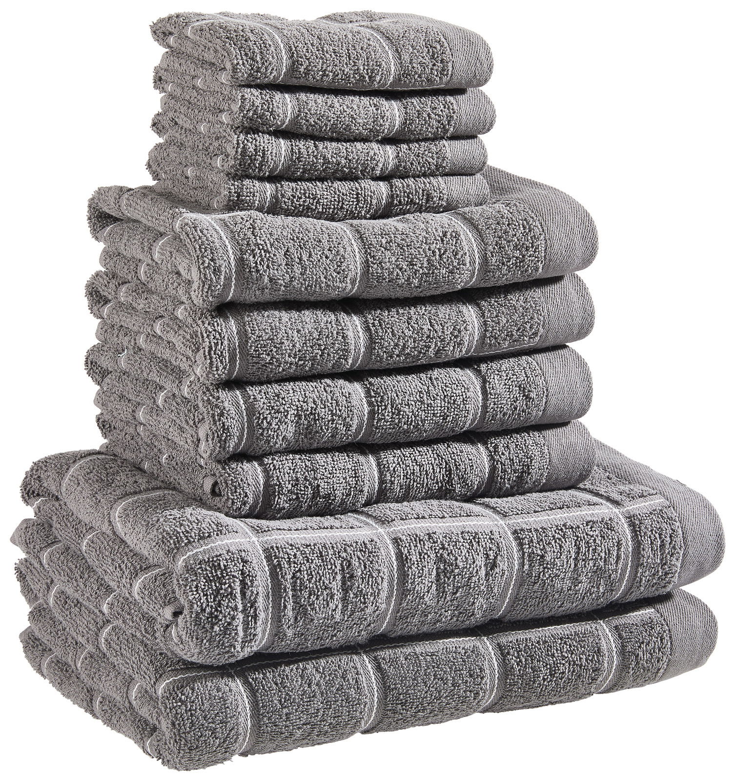 Graues Frottierset aus mehreren Handtüchern, gestapelt in einer seitlichen Perspektive