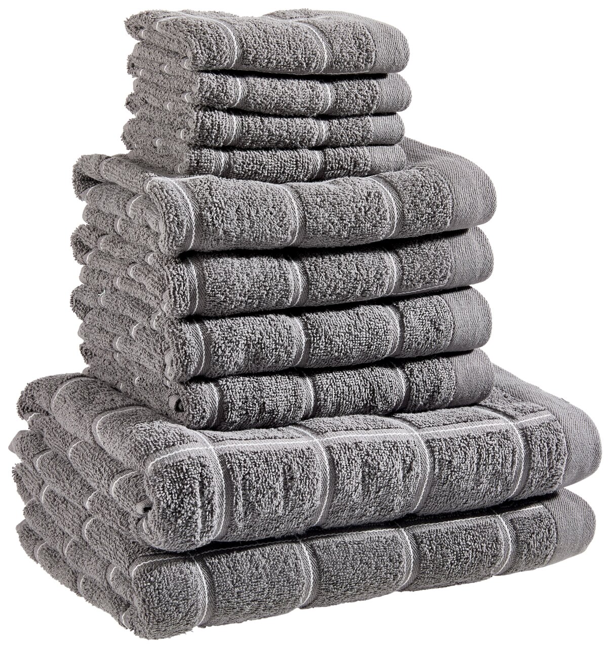 Graues Frottierset aus mehreren Handtüchern, gestapelt in einer seitlichen Perspektive