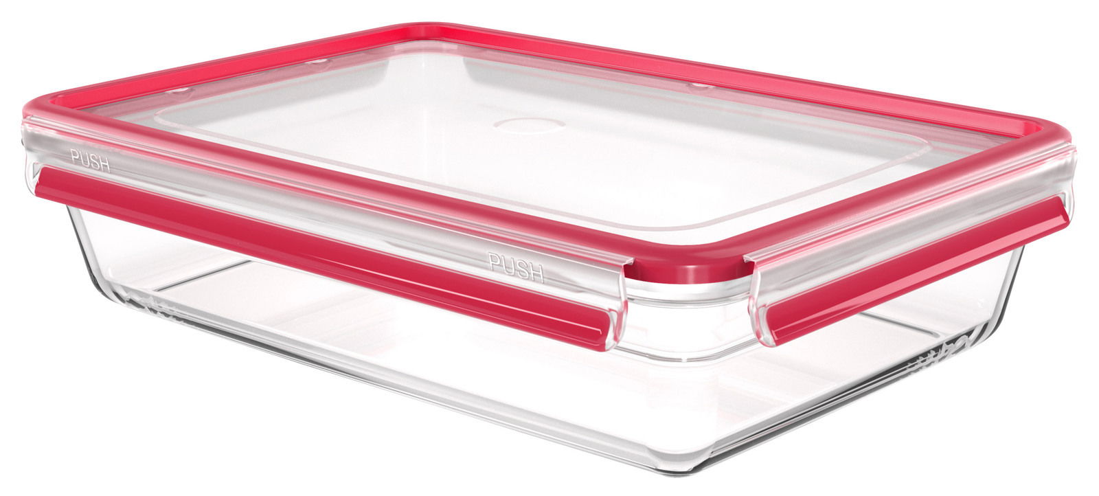 Rechteckige Glasbox mit rotem Deckel, seitliche Perspektive