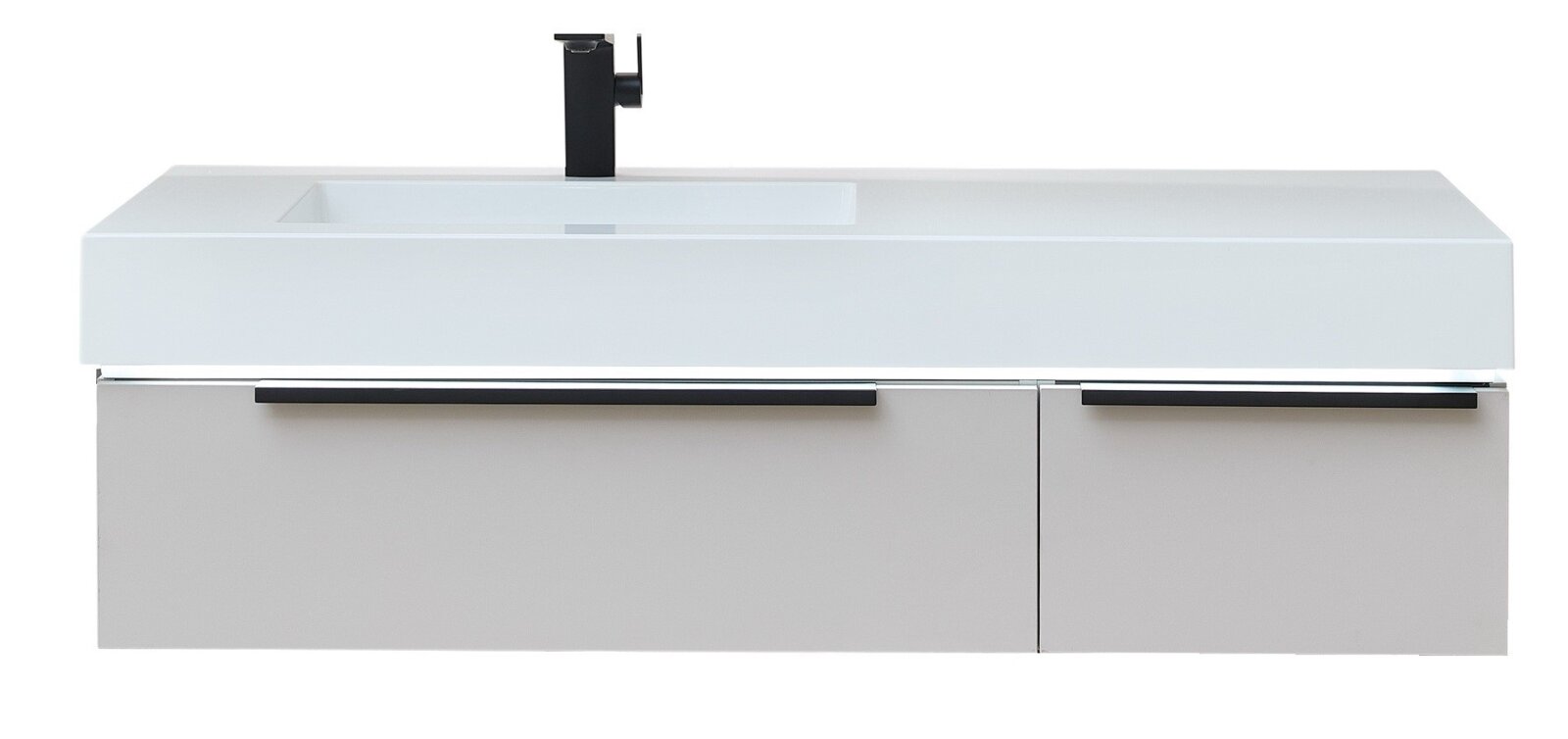 Dieter Knoll Wastafelset MEZZANO Vooraanzicht van een moderne witte badkamerwastafel met geïntegreerde rechthoekige wasbak, grijze onderkast met twee uittrekbare laden en zwarte handgrepen, evenals zwarte kranen tegen een witte achtergrond