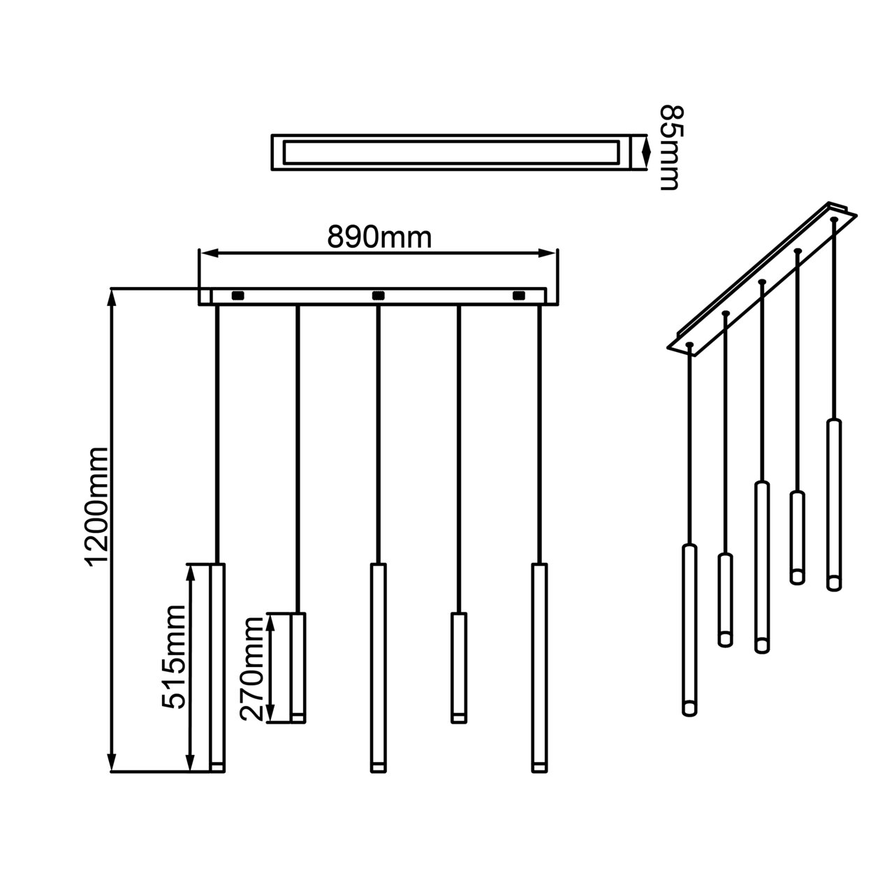Technische tekening van een moderne Cembalo LED-hanglamp met vijf hangende elementen, totale breedte 890 mm, hoogte 1200 mm; het zijaanzicht toont de hellingshoek.