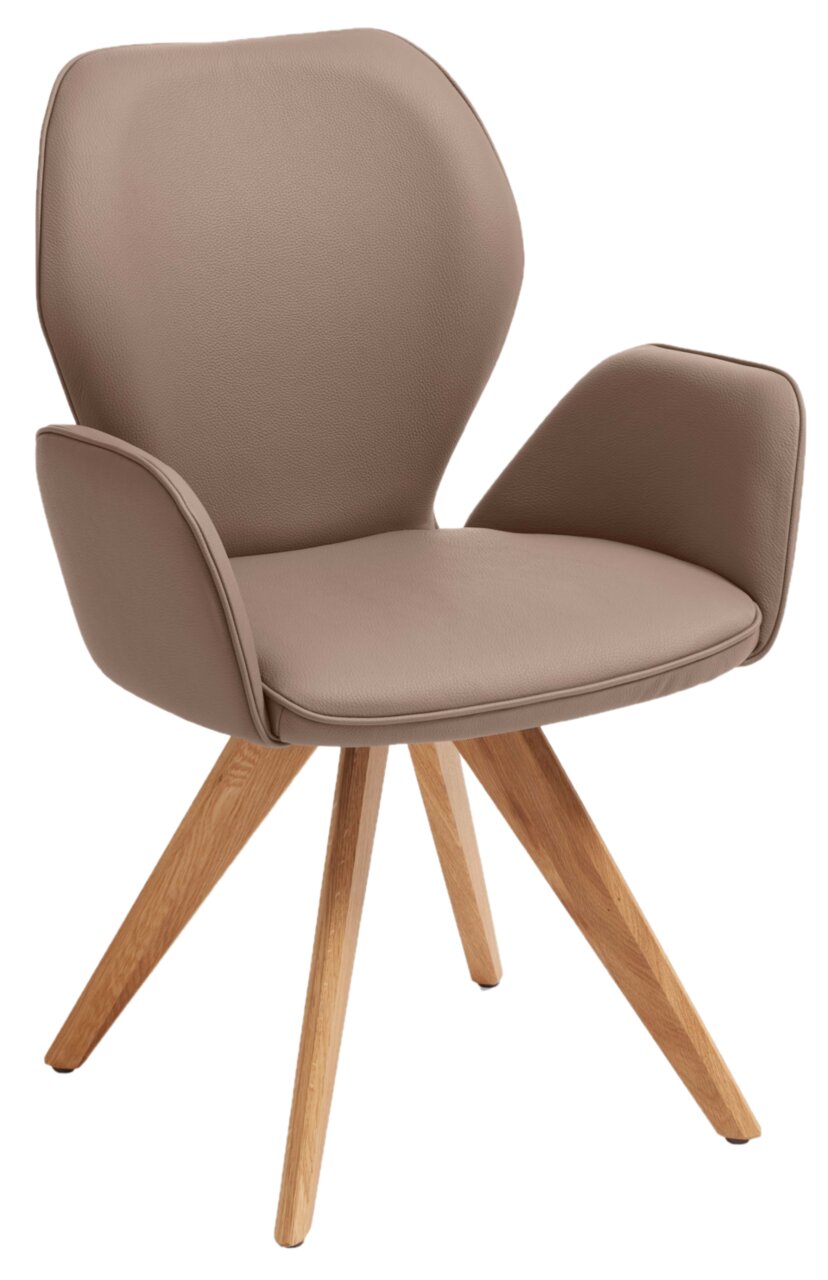 Moderne fauteuil met bruine bekleding en houten poten, zijaanzicht