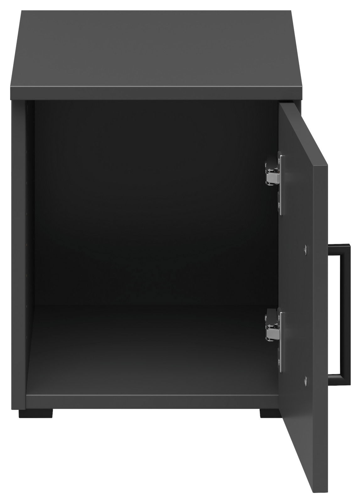 Schwarzer Aufsatzschrank mit geöffneter Tür, Frontalansicht