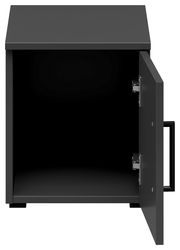 Schwarzer Aufsatzschrank mit geöffneter Tür, Frontalansicht