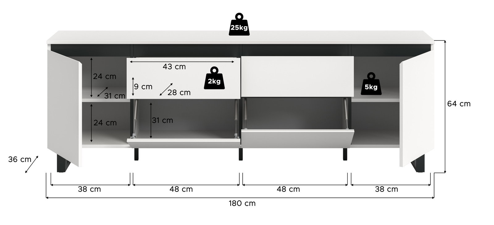 Weißes Lowboard mit zwei Türen und Schubladen, Frontansicht, Maße: 180 cm Breite, 64 cm Höhe, 36 cm Tiefe.