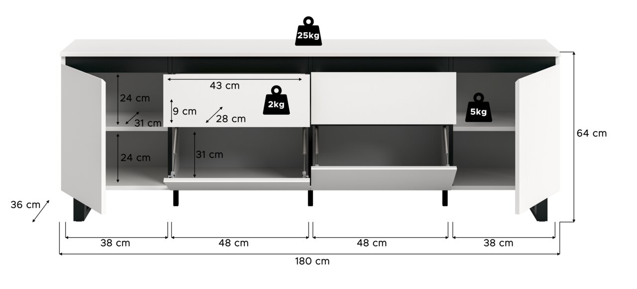 Weißes Lowboard mit zwei Türen und Schubladen, Frontansicht, Maße: 180 cm Breite, 64 cm Höhe, 36 cm Tiefe.