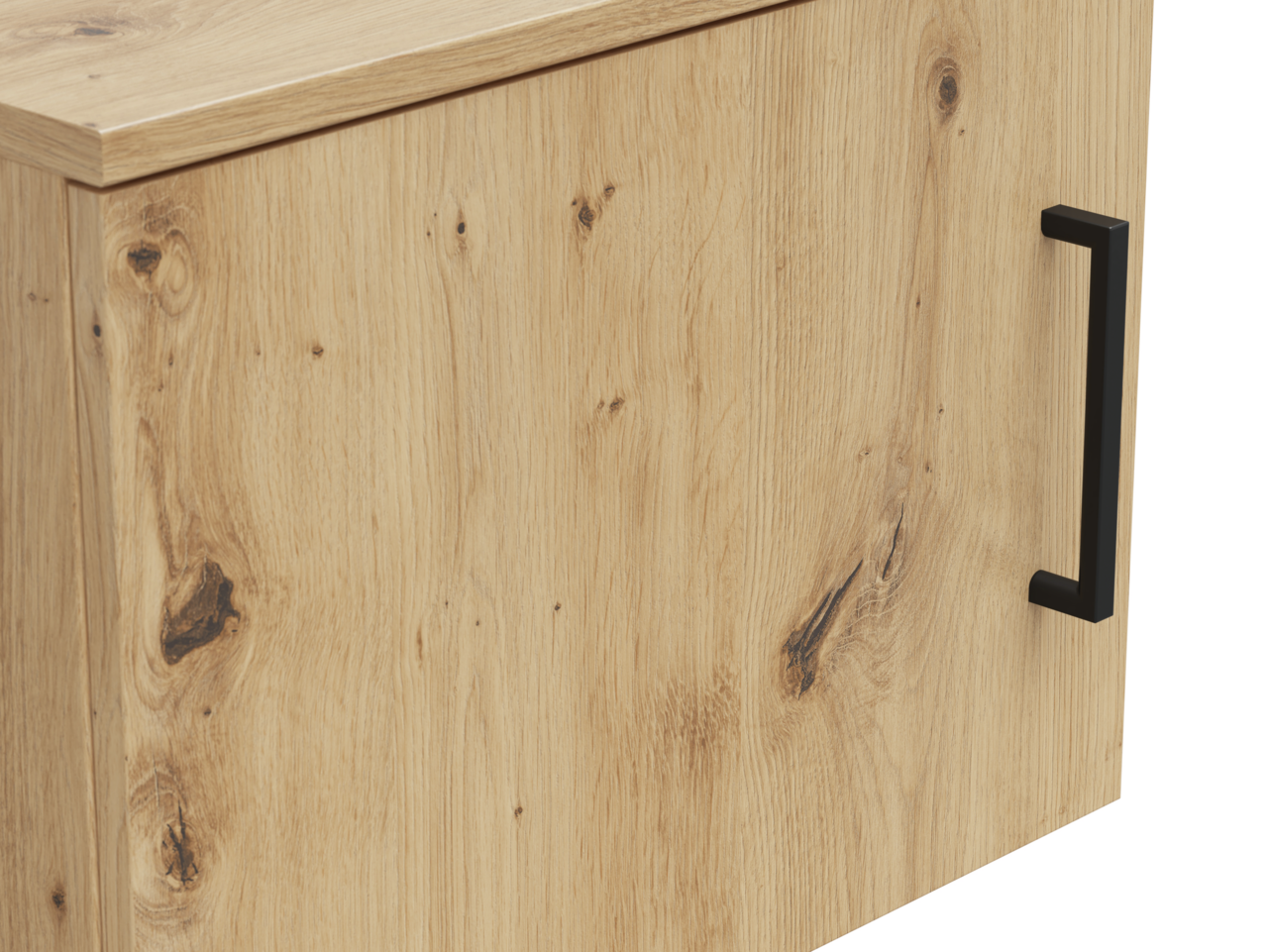 Nahaufnahme eines Aufsatzschranks aus Holz mit natürlicher Maserung und schwarzem Griff, seitliche Perspektive.