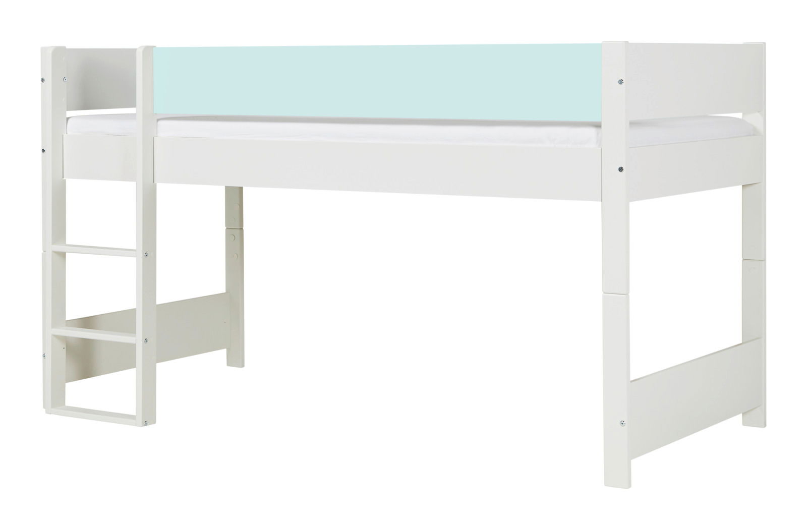 Stylife 3/4 Absturzsicherung WOOBIE Weißes Hochbett mit Absturzsicherung und integrierter Leiter, seitliche Perspektive