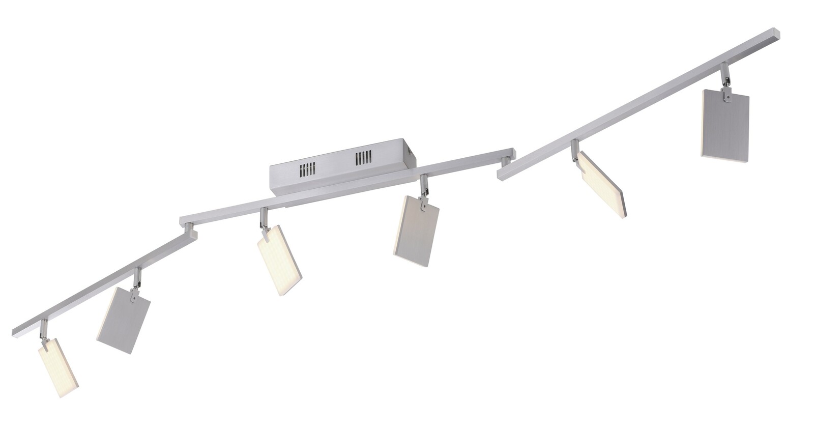 Moderne Deckenleuchte aus Aluminium mit fünf verstellbaren Leuchtflächen, seitliche Perspektive.