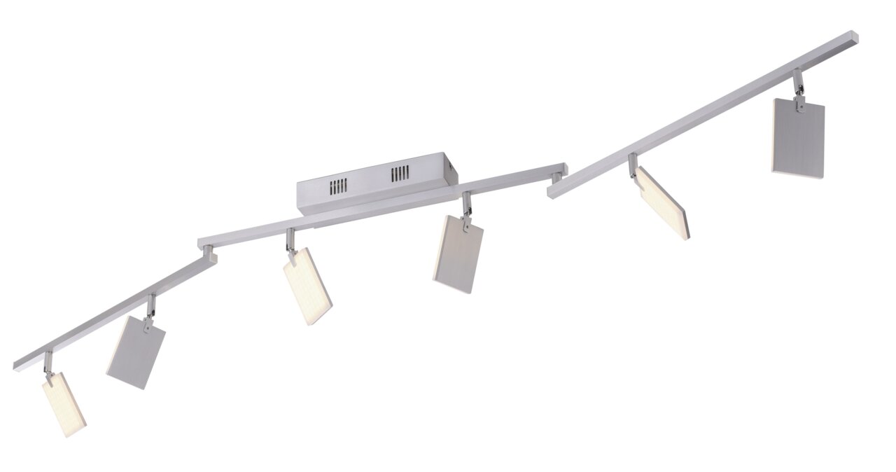 Moderne Deckenleuchte aus Aluminium mit fünf verstellbaren Leuchtflächen, seitliche Perspektive.