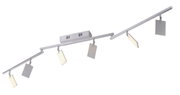 Moderne Deckenleuchte aus Aluminium mit fünf verstellbaren Leuchtflächen, seitliche Perspektive.