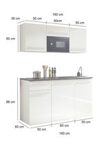 Single-Küche 160 cm ohne Elektrogeräte, Frontansicht mit Hängeschränken und Unterschränken, weiße Oberfläche, kompakte Bauweise