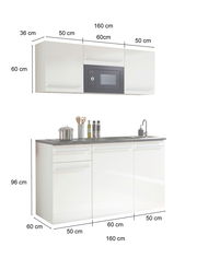 Single-Küche 160 cm ohne Elektrogeräte, Frontansicht mit Hängeschränken und Unterschränken, weiße Oberfläche, kompakte Bauweise