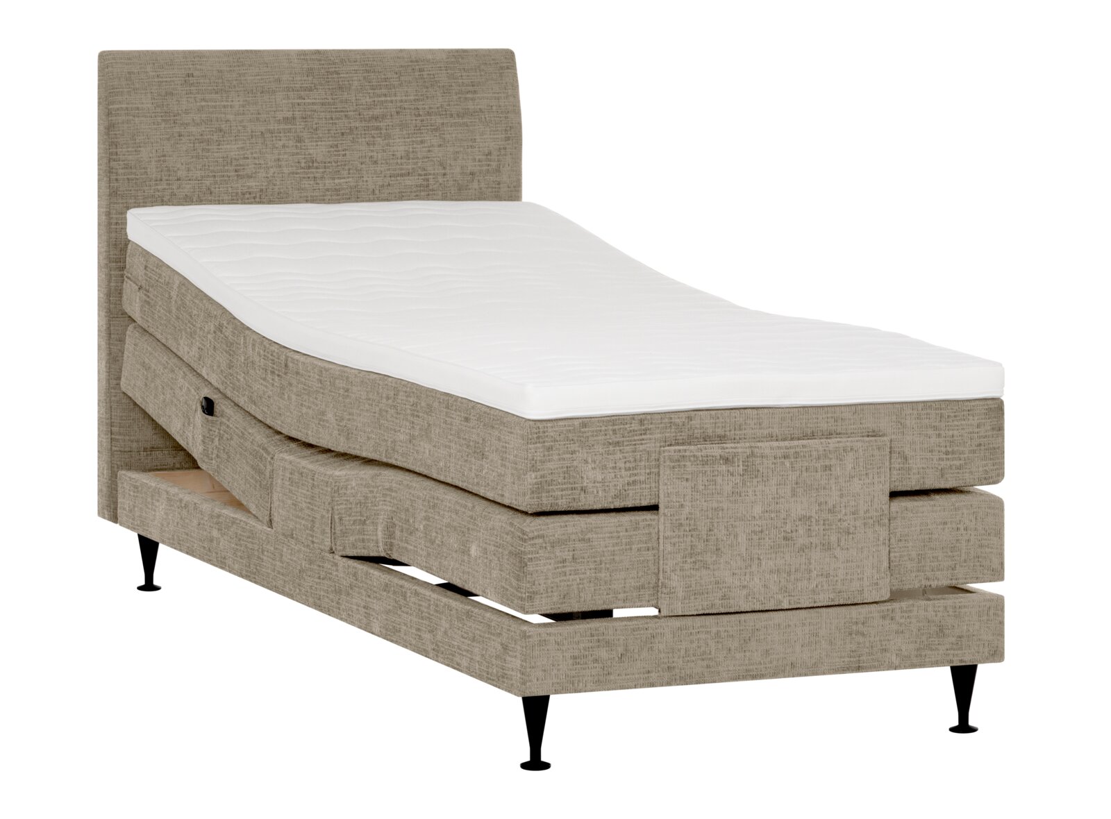 Beiges, elektrisch verstellbares Boxspringbett mit hohem gepolstertem Kopfteil, weißer Matratzenauflage und schwarzen Füßen, in schräger Vorderansicht bei angehobenem Kopfbereich