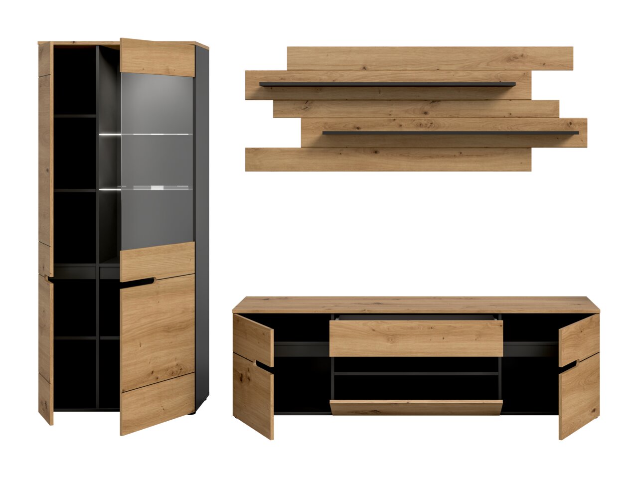 Modernes Wohnzimmermöbel-Set in Eiche-Optik mit schwarzen Akzenten: hoher Vitrinenschrank mit Glastür und offenen Fächern, Lowboard mit geöffneten Türen und Schublade sowie Wandpaneel mit zwei Ablagen, dargestellt in Frontansicht auf weißem Hintergrund.