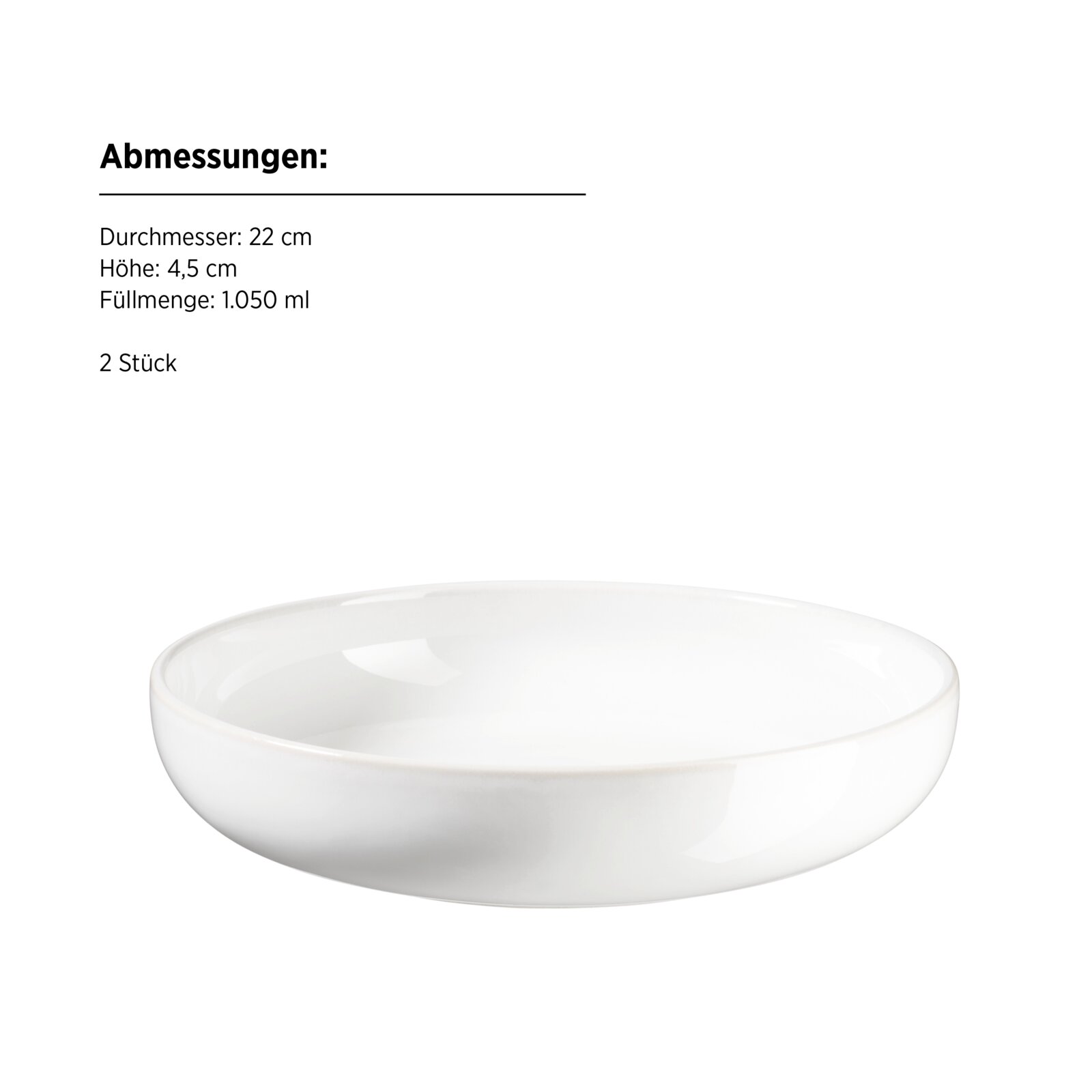 Weiße, runde Servier- oder Salatschüssel (Ø 22 cm, Höhe 4,5 cm, 1.050 ml), Produktfoto in leicht erhöhter Frontansicht auf weißem Hintergrund
