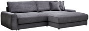 Graues Cord-Ecksofa mit rechter Ottomane/Longchair, breiten Armlehnen und zwei Zierkissen, freigestellt auf weißem Hintergrund, Perspektive: schräg von vorn (Frontansicht)
