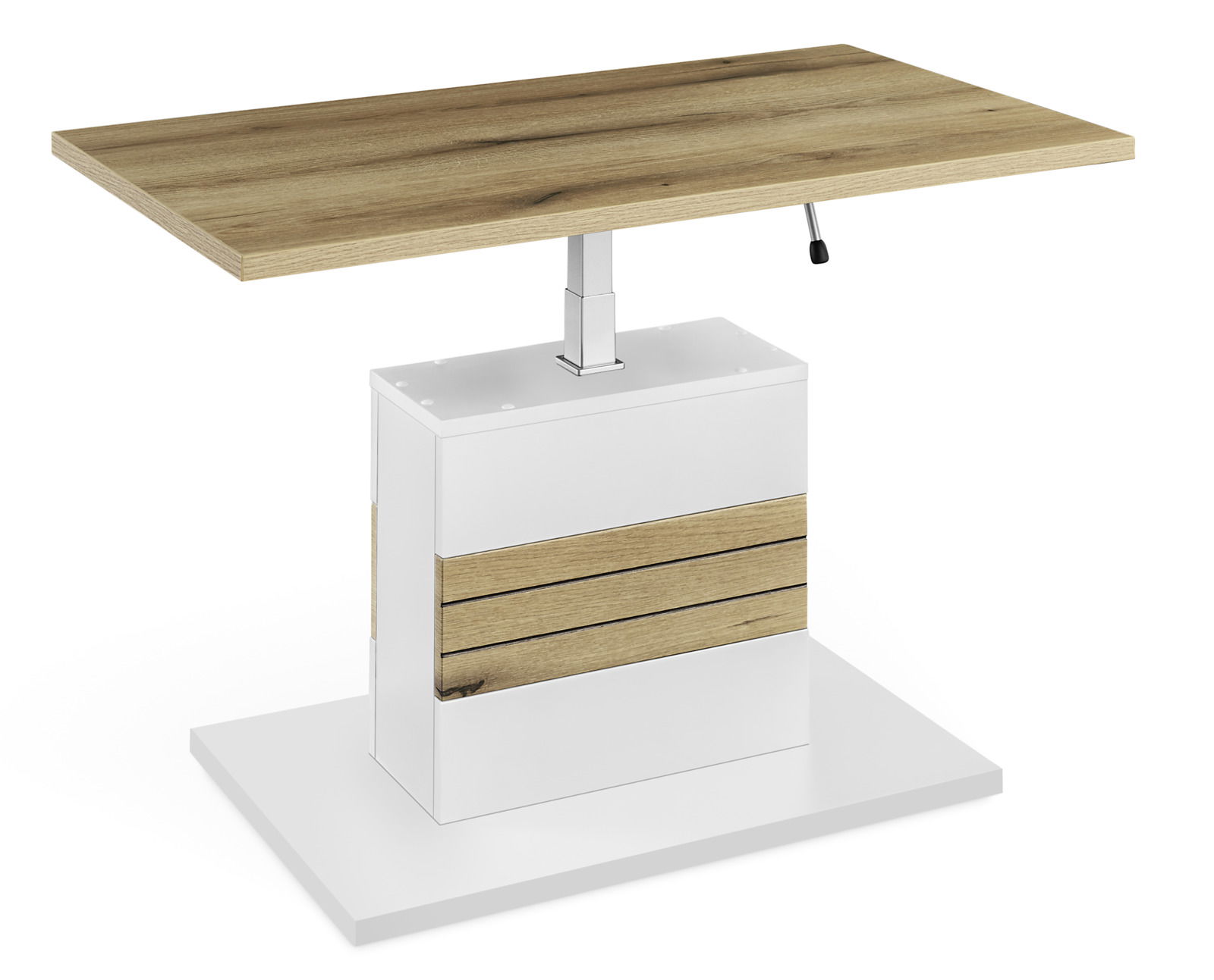 Moderner Couchtisch mit höhenverstellbarer Holzplatte und weißem Sockel, seitliche Perspektive