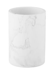 Zahnputzbecher aus Marmor mit weiß-grauer Marmorierung, frontal fotografiert.