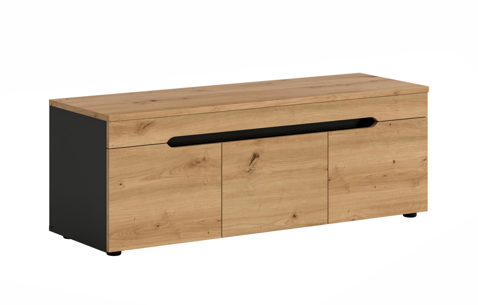 MID.YOU Sitzbank CANU Modernes Sideboard aus Holzoptik mit schwarzen Seitenteilen und durchgehender Griffmulde, freigestellt auf weißem Hintergrund, in schräger Vorderansicht von links.