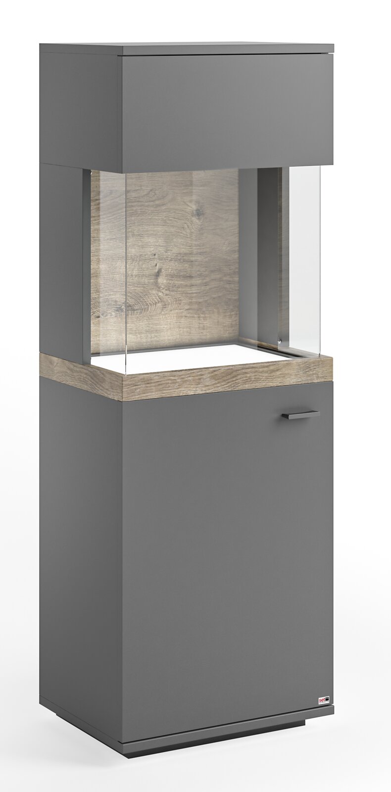 Moderne Vitrine in grauer Farbe mit Holzdetails, Glasfront und seitlicher Perspektive