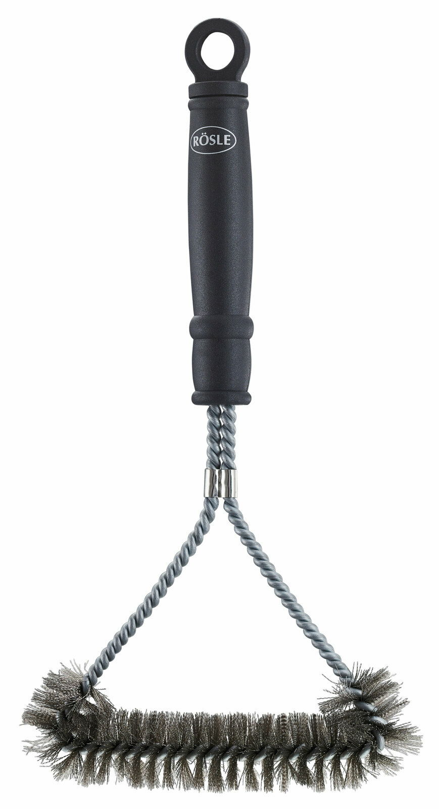 Grillrost-Reinigungsbürste mit schwarzem Griff und robusten Borsten, Frontalansicht