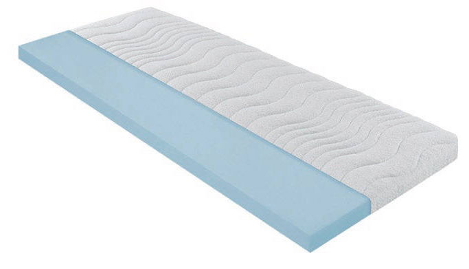 Seitliche Ansicht eines Topper Dream Deluxe KS mit wellenförmiger Oberfläche und blauer Schaumstoffschicht.
