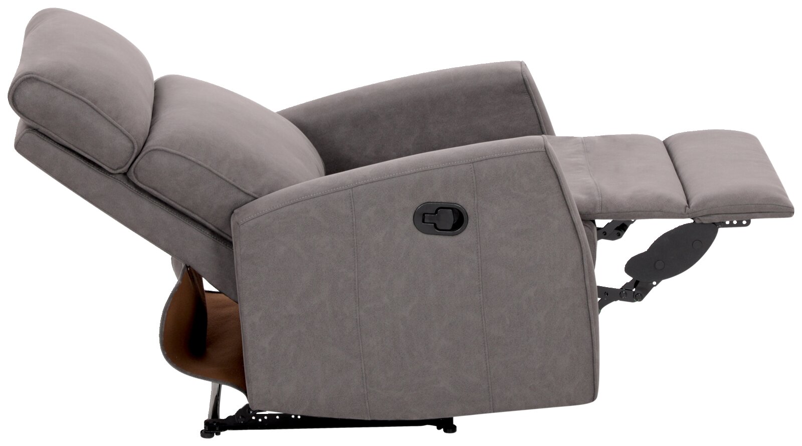 Zijaanzicht van een grijze fauteuil in ligstand met verstelbare rugleuning en voetsteun.
