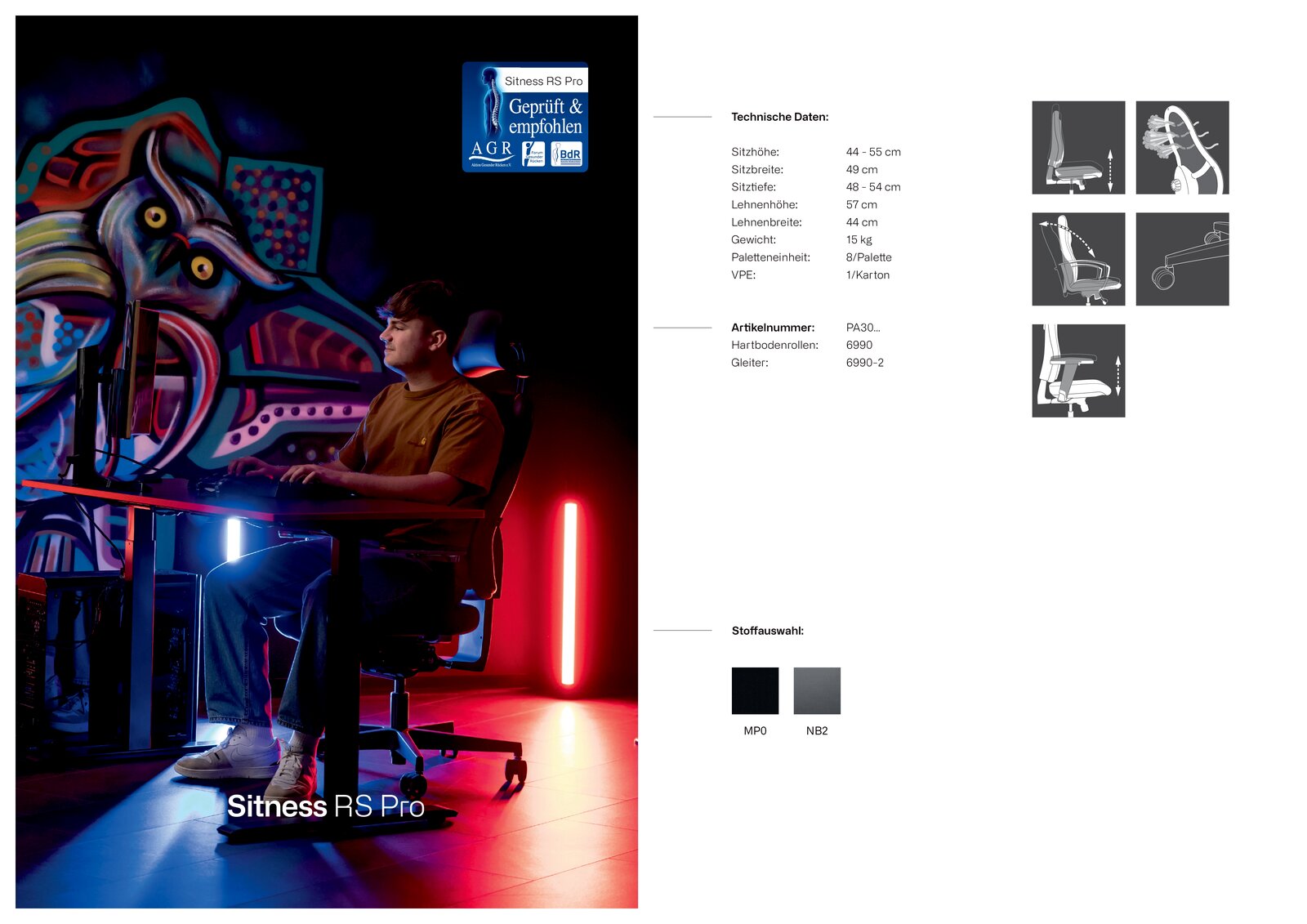 Gaming-Stuhl in einem modernen Setup mit einem jungen Mann, der vor einem Schreibtisch sitzt. Perspektive von der Seite.