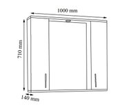 Technische Frontansicht eines rechteckigen Spiegelschranks/Bad-Wandschranks mit drei Türen und Griffen, inklusive Maßangaben 1000 mm Breite, 710 mm Höhe und 140 mm Tiefe.
