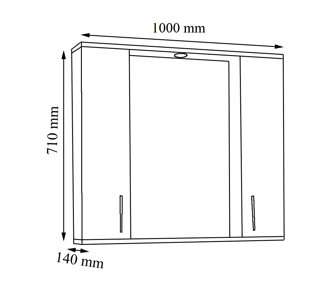 Technische Frontansicht eines rechteckigen Spiegelschranks/Bad-Wandschranks mit drei Türen und Griffen, inklusive Maßangaben 1000 mm Breite, 710 mm Höhe und 140 mm Tiefe.